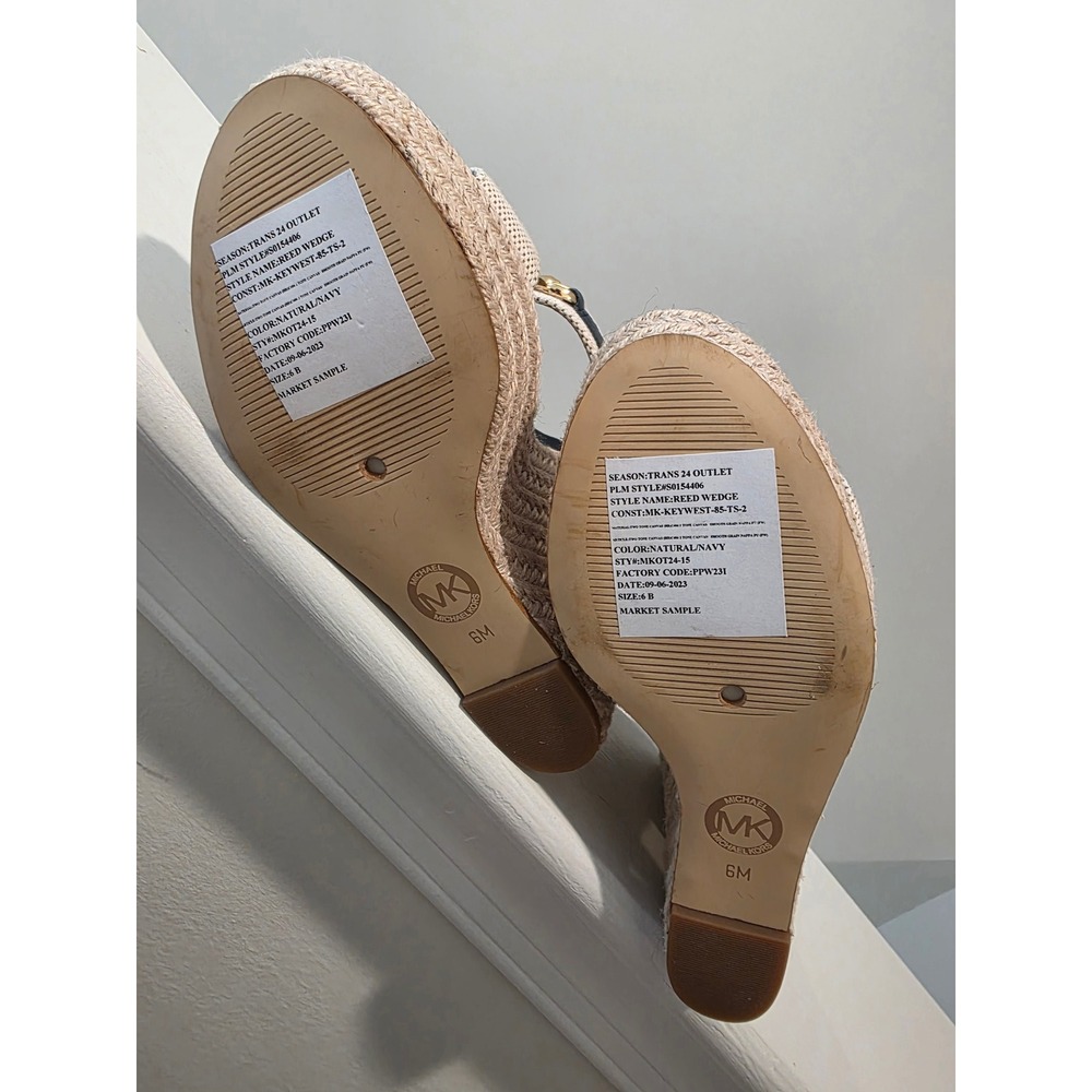 Women 6 M Michael Kors Reed Wedge Sandals Navy Natural Espadrille Platform Logo - Picture 3 of 11